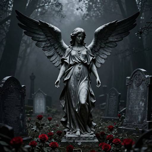 Photograph of a detailed, gray stone angel statue with large wings, standing in a foggy cemetery, surrounded by red flowers and old gravestones