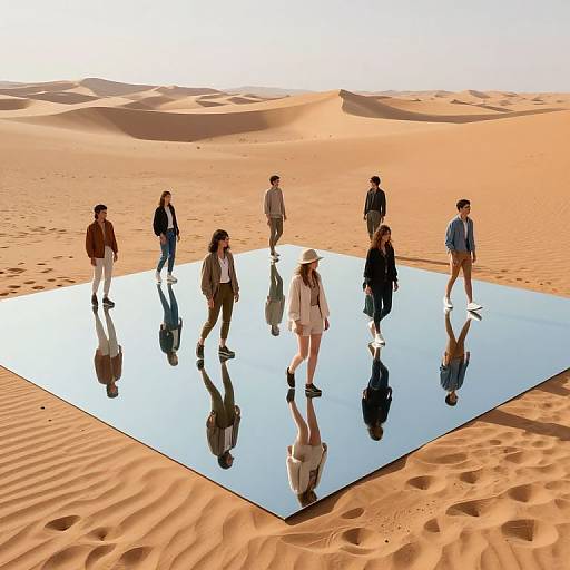 Photograph of eight people in stylish attire walking on a reflective mirror in a vast, sunlit desert with dunes.