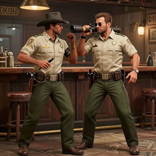 Two muscular, tan-uniformed, green-pantsed male sheriffs with black hats and sunglasses, one drinking from a flask, in a dim