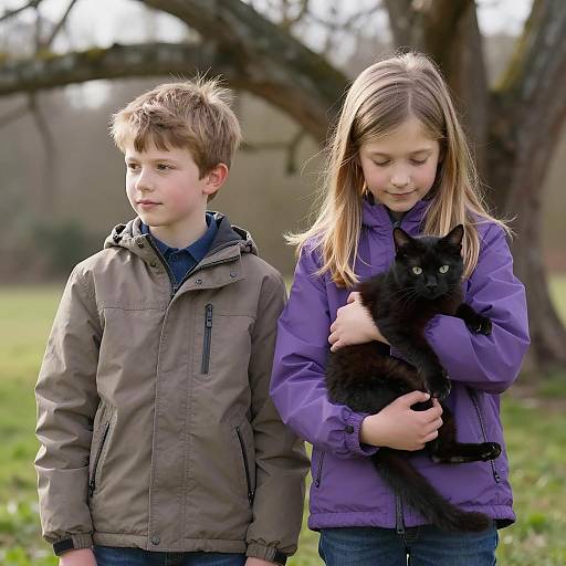 Children with Black Cat Outdoors