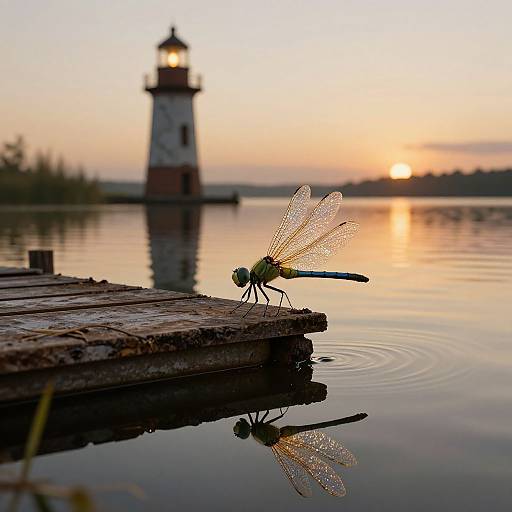 Photograph of a delicate dragonfly with wet, glistening wings perched on a wooden dock at sunset, with a distant lighthouse reflected on calm