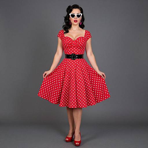 Photograph of a curvy woman with fair skin, black curly hair, and red lipstick, wearing a red polka dot dress, black belt,