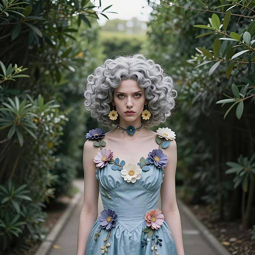 Woman in Floral Elegance Among Hedges