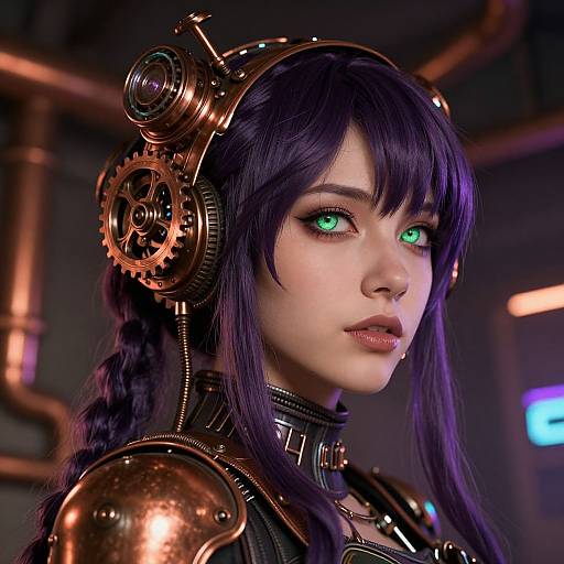 Digital artwork of a cyberpunk woman with glowing green eyes, black hair, and copper gear headgear, set against a dark, industrial background.