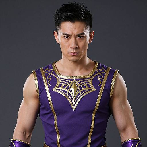 Photograph of a muscular Asian male with short black hair, wearing a sleeveless purple and gold ornate top, looking serious against a dark gray background