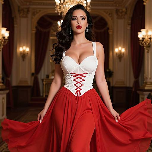 Photograph of a voluptuous woman with long black hair, wearing a white corset with red laces and a flowing red skirt, standing in an