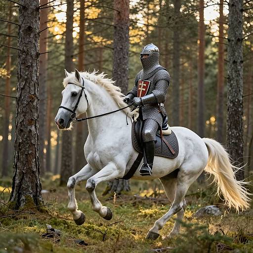 Photograph of a knight in full armor, riding a white horse, galloping through a sunlit forest with tall pine trees.