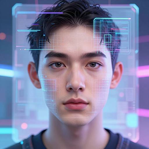 Photograph of a young Asian man with short black hair, neutral expression, and digital overlay with blue and white grid lines, against a neon-lit