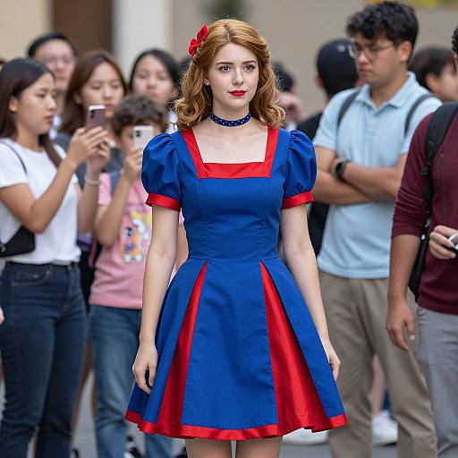 Photograph of a fair-skinned woman with red hair, wearing a blue and red dress, black choker, red flower in hair, standing in