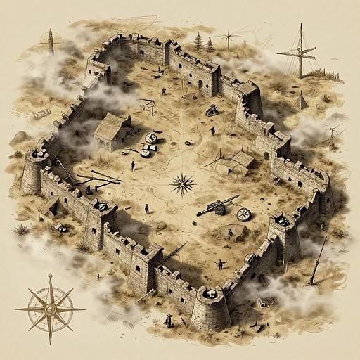 Sepia-toned digital illustration of a medieval castle with towers, moat, small buildings, flags, cannons, and a compass rose on the border