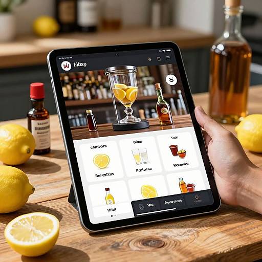 Photograph of a hand holding a tablet displaying a cocktail recipe app, surrounded by lemons, bottles, and wooden table.