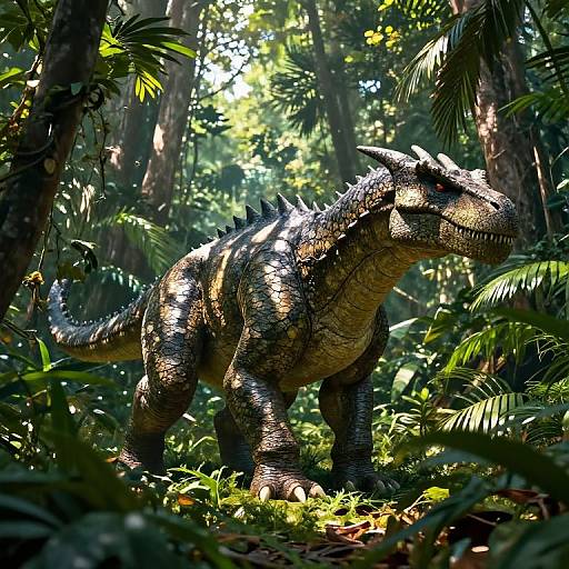 Photorealistic CGI of a large, detailed, scaly, green and brown dinosaur with spines, standing in a sunlit, dense jungle.