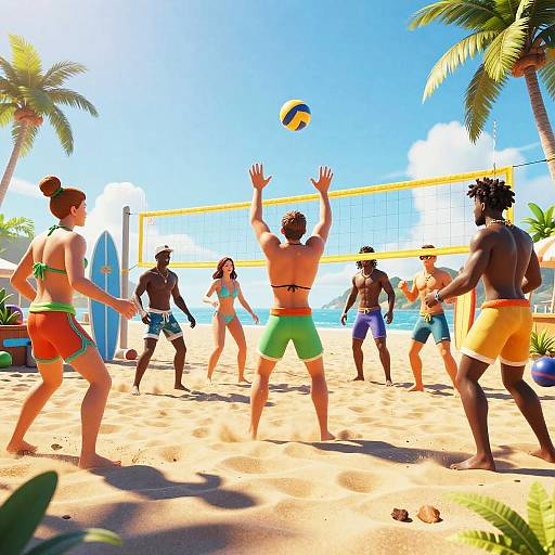 Vibrant digital artwork of diverse beach volleyball players in colorful swimwear, playing on sandy beach with palm trees, volleyball net, and ocean in background