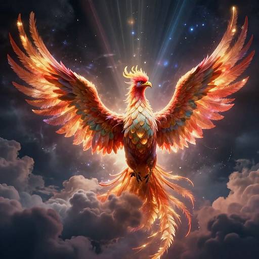 Digital artwork of a radiant, fiery phoenix with outstretched wings, glowing feathers, and a radiant tail, soaring above dark, starry clouds.