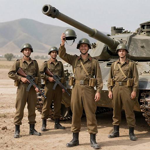 Soldiers by Tank in Desert Mountains