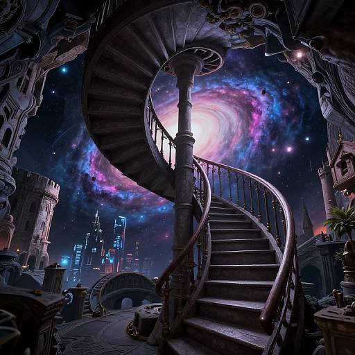 Digital art: Futuristic, gothic spiral staircase in dark, starry space with vibrant galaxy, medieval architecture, city skyline, and neon lights.