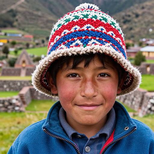 Photograph of a young Andean boy with fair skin, dark hair, wearing a colorful, knitted hat and blue shirt, smiling against a blurred