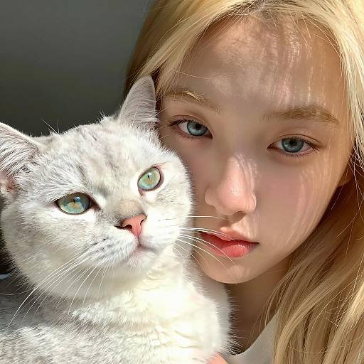 Young Blonde Woman with White Cat Close-up