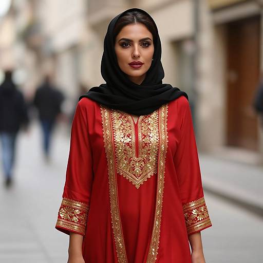 Woman in Red and Gold Outfit