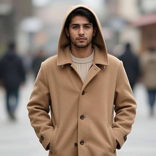 Photograph of a serious young man with medium skin tone, dark hair, and stubble, wearing a beige hooded coat over a white knit sweater
