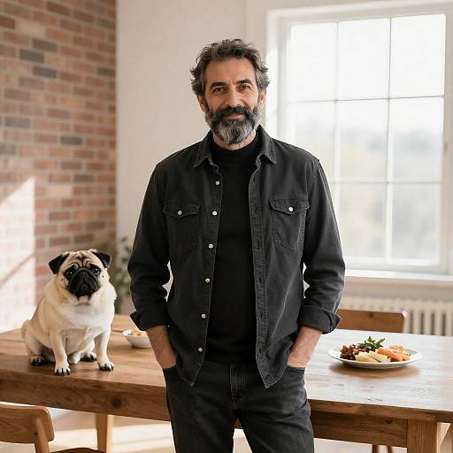 Sunlit Room with a Charming Man and Dog