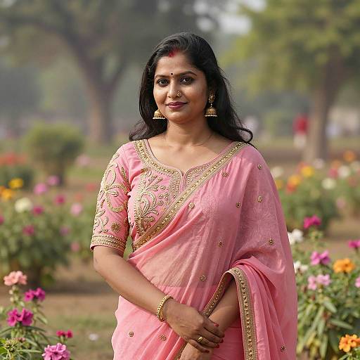 Elegant Gujarati Woman in Flower Garden