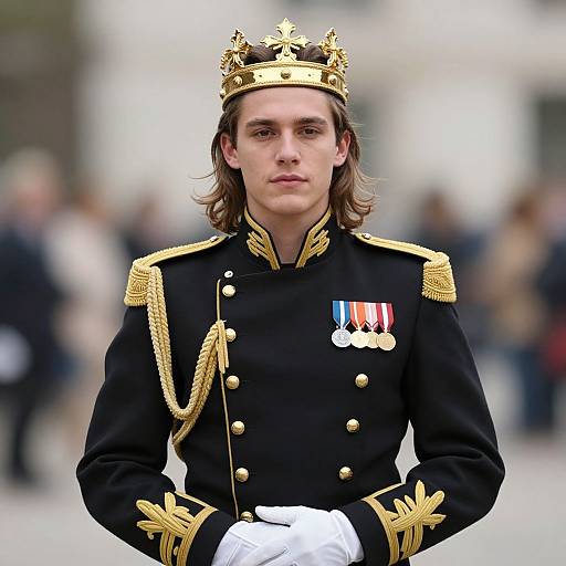 Photograph of a young, serious-looking man with long brown hair, wearing a black military uniform with gold trim, medals, and a gold crown,