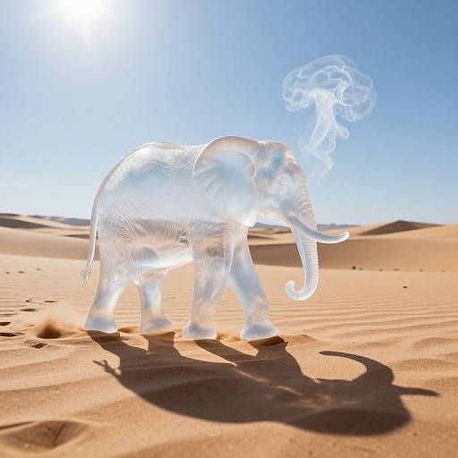 Photorealistic digital image of a transparent, glowing elephant with a jellyfish-like aura standing in a sunny, sandy desert.