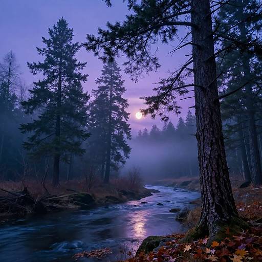Misty forest dawn photograph with purple-blue sky, sun peeking through mist, tall pine trees, flowing river reflecting light, fallen leaves on ground.