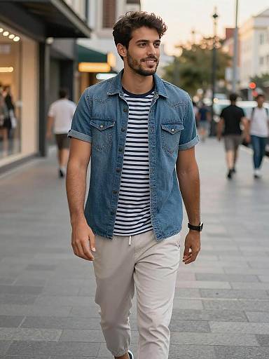 Young Man Denim Stroll Golden Hour