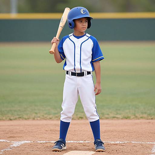 Photograph of a young boy in a blue and white baseball uniform, holding a wooden bat, standing on a baseball field.