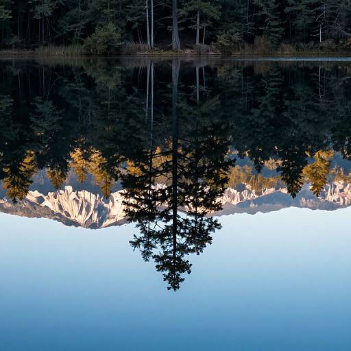Photograph of a dark forest reflected in a calm, blue lake, with bright, sunlit rocky shore and snow in the background.