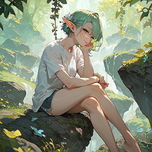 Digital anime-style drawing of a green-haired, elf-eared girl with pointed ears, wearing a white shirt and black shorts, sitting on rocks in a