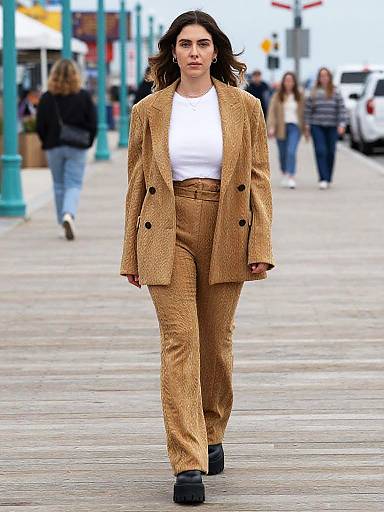 Photograph of a confident woman with wavy dark hair, wearing a white top, tan textured suit, and black shoes, walking down a busy urban