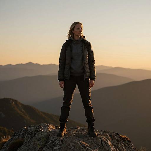Photograph of a blonde, light-skinned man in a black jacket and pants, standing on a rocky mountain peak at sunset, silhouetted