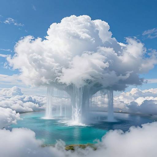 Photographic CGI of a massive, white, cumulonimbus cloud with water droplets hanging from its base, over a turquoise ocean under a vibrant