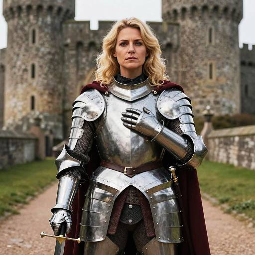 Photograph of a blonde woman in shiny medieval armor with a red cape, standing before a stone castle, hand on chest.