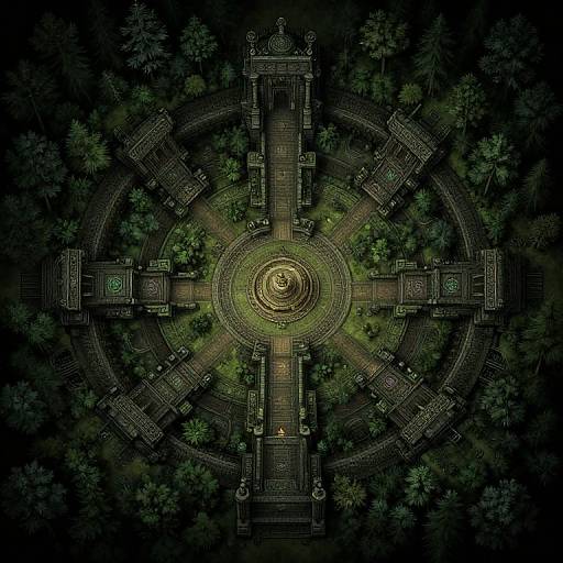 Aerial view of a symmetrical, ancient temple with intricate stone pathways and greenery, centered by a glowing circular structure. Digital art.