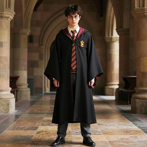 Young Man in Gryffindor Robe in Gothic Hallway