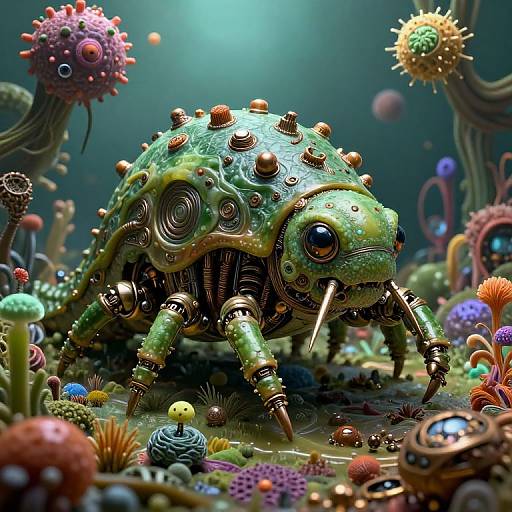 Digital artwork of a steampunk green chameleon-like creature with metallic spikes and tusks, in a vibrant, alien-like underwater garden.