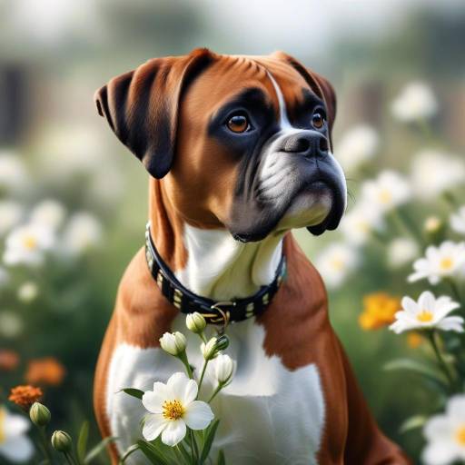 Realistic Boxer Dog Among White Flowers