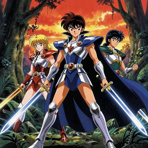 Anime-style illustration of three warriors with glowing swords, standing in a forest at sunset. Central character, with brown hair and blue armor, flanked by