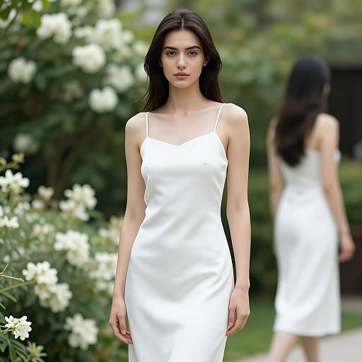 Photograph of a slender, dark-haired woman in a white, spaghetti-strap satin dress, standing in a lush garden with white flowers, slightly blurred