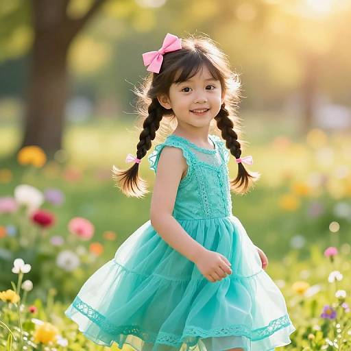Photograph of a smiling young Asian girl with braided hair, wearing a turquoise lace dress and pink bow, standing in a sunlit, colorful flower