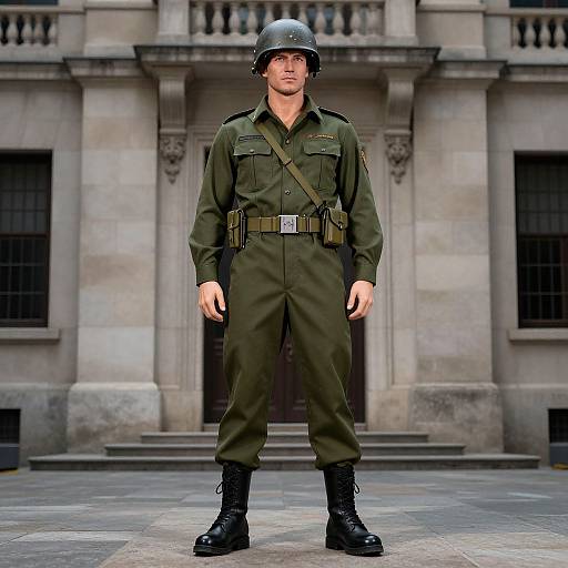 Photograph of a serious male soldier in green military uniform, black helmet, and boots, standing in front of a stone building.