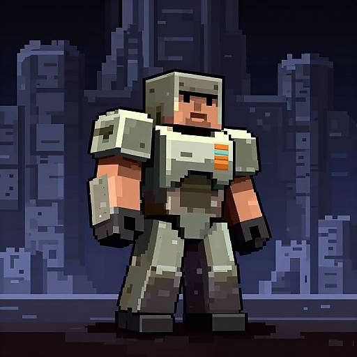 Pixel art of a blocky, white-armored robot with black gloves and boots, standing against a dark, pixelated cityscape background.