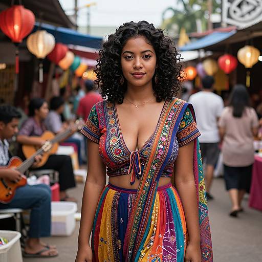 Photograph of a curvy Black woman with curly hair, wearing a colorful, low-cut, embroidered dress, standing in a busy, vibrant outdoor market