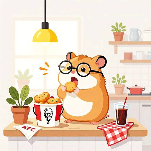 Cartoon hamster with glasses eating a donut, surrounded by potted plants, KFC box, and drink on a kitchen counter.