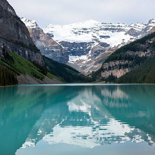 Photograph of a serene mountain lake with turquoise water, reflecting snowy peaks and evergreen forest under a clear sky.