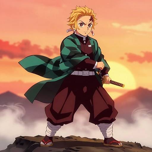 Anime-style illustration of a blond, green-cloaked ninja with a scar, standing on a rock at sunset, holding a katana, ready for